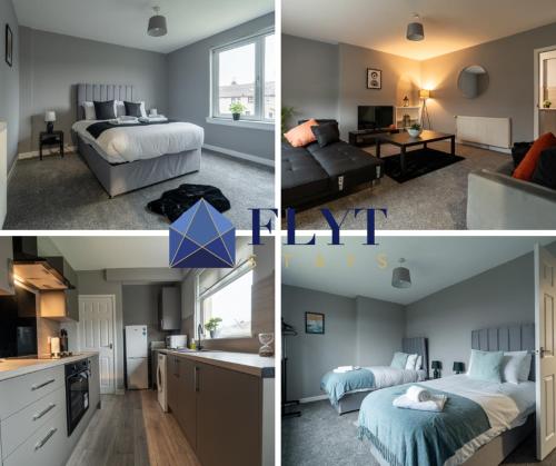 three different pictures of a bedroom and a living room at The Bowhouse in Grangemouth