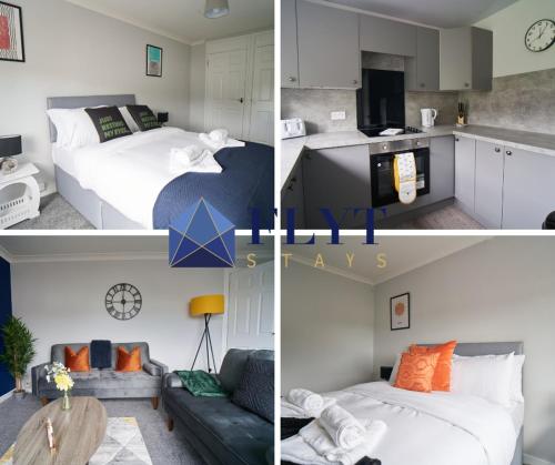 four different views of a bedroom and a living room at Couver House in Livingston