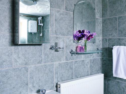La salle de bains est pourvue d'un miroir et d'un vase de fleurs violettes. dans l'établissement 2 Bed in Bwlch BN138, à Bwlch