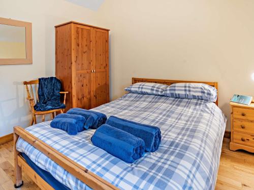 a bedroom with a bed with blue pillows on it at 2 bed in Llangenny BN316 in Llangenny