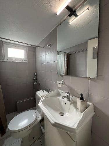 a white bathroom with a sink and a toilet at TopCentral Apartment in Larisa