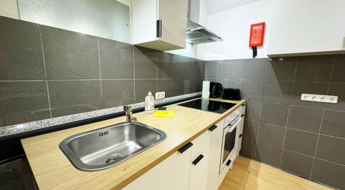 uma cozinha com um lavatório e uma bancada em Centraly "work & stay Apartments" in Mechernich em Mechernich