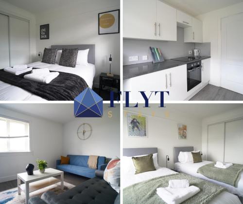 eine Collage mit vier Bildern eines Schlafzimmers in der Unterkunft Dunalastair Apartment in Glasgow