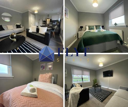 four different pictures of a bedroom and a living room at Dunbeth House in Coatbridge