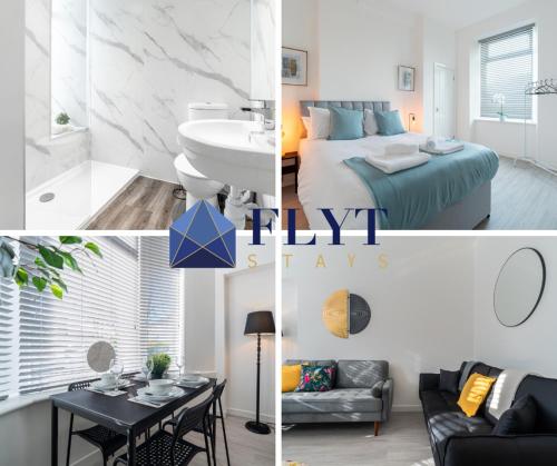 a collage of photos of a bedroom and a bathroom at Dyke Apartment in Uddingston