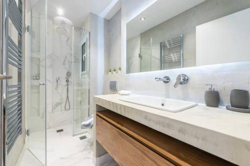 La salle de bains est pourvue d'un lavabo et d'une douche. dans l'établissement Syntagma H&B Apartment, à Athènes