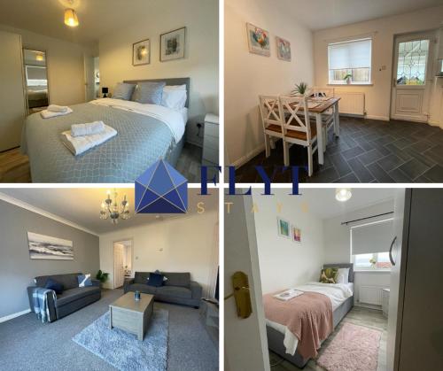 four pictures of a bedroom and a living room at Ferguson House in Airdrie