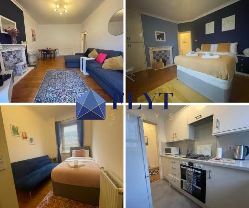 eine Collage mit drei Bildern eines Schlafzimmers und eines Wohnzimmers in der Unterkunft Irongray House in Glasgow
