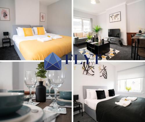 a collage of four pictures of a hotel room at Linburn Apartment in Glasgow