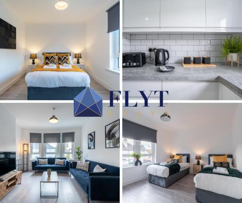 a collage of four pictures of a bedroom and a living room at Locksley House in Knightswood