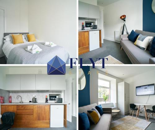 a collage of photos of a bedroom and a living room at Meadow Apartment in Dumbarton
