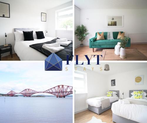 a collage of photos of a bedroom and a bridge at Queensferry Apartment in North Queensferry