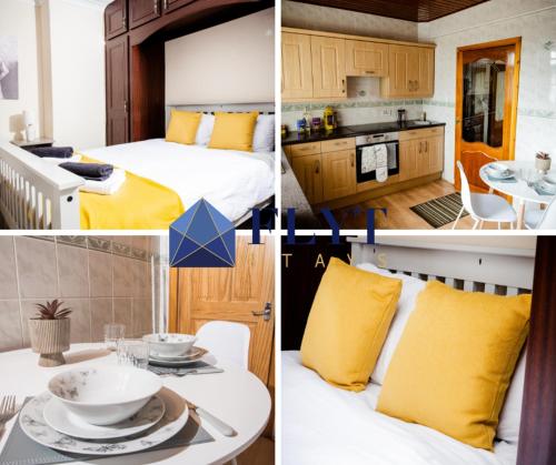 a collage of four pictures of a kitchen and a bedroom at Rigside House in Douglas