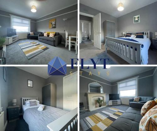 four different pictures of a bedroom and a living room at Raploch House in Larkhall