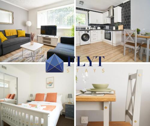 een collage van foto's van een woonkamer en een keuken bij Rotherwood Apartment in Glasgow
