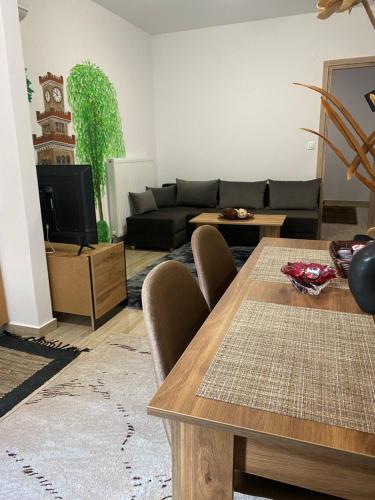 uma sala de estar com um sofá e uma mesa em Bakopoulos Resort Ένα όμορφο και ήσυχο διαμέρισμα στα Τρίκαλα em Trikala