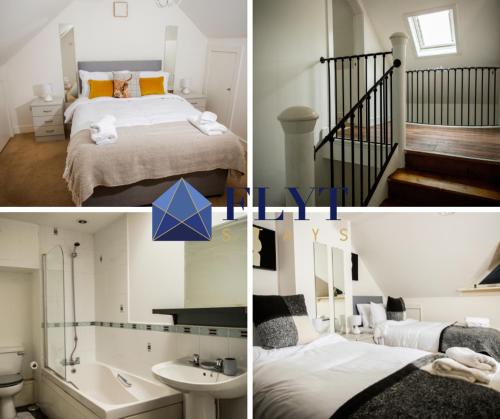 a collage of three pictures of a bedroom at Tower Square House in Alloa