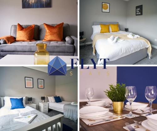 un collage de fotos de una habitación con 2 camas en West Apartment en Coatbridge