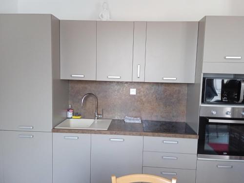 une cuisine avec des armoires blanches et un évier dans l'établissement LE 57 VICHY, à Vichy