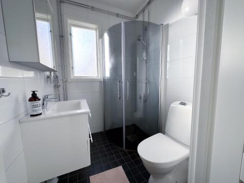 a bathroom with a toilet and a shower and a sink at Strandgården Karlstad in Karlstad