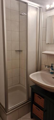 a bathroom with a shower and a sink at Landhaus Eibelesee in Oberstaufen