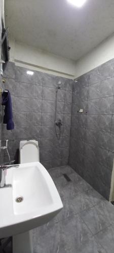 a bathroom with a shower and a white sink at G&19 Apartment in Addis Ababa