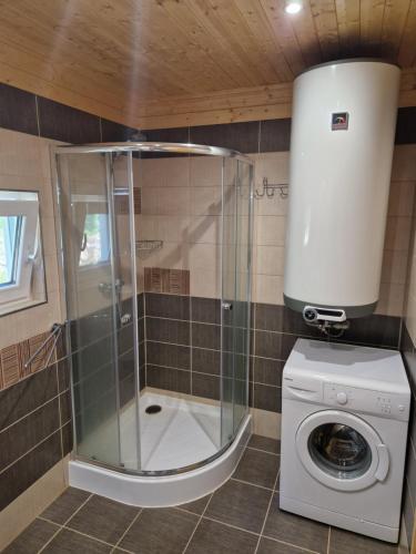 uma cabina de duche com uma máquina de lavar roupa na casa de banho em Chaty u lesa em Velké Hamry