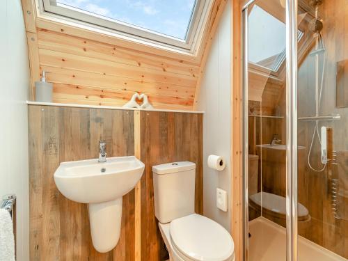 a bathroom with a toilet and a sink and a shower at The Hive - Uk45565 in Longford