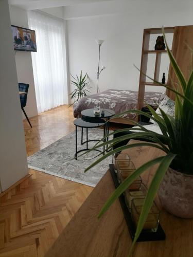 Ένα ή περισσότερα κρεβάτια σε δωμάτιο στο Skopjanka Cozy Apartment