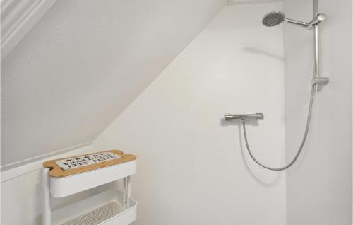 a white bathroom with a shower in a attic at Pet Friendly Home In Rnne With Kitchen in Rønne