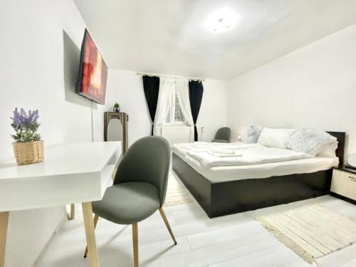 a bedroom with a bed and a desk and a chair at Apartament - Voineasa -Aproape de Domeniul Schiabil in Voineasa