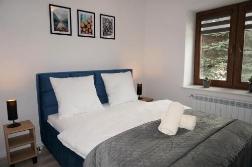 Un dormitorio con una cama azul y blanca y una ventana en Apartament Barskich, en Rzeszów