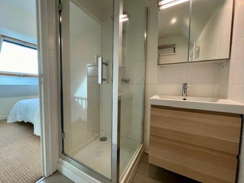 une salle de bain avec douche et lavabo dans l'établissement Quiberon - studio mezzanine rénové 38m² - proche centre - équipements modernes - FR-1-478-31, à Quiberon