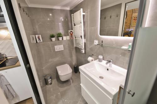 une salle de bain avec un lavabo, des toilettes et un miroir dans l'établissement Modern Tasty Loft Saint Germain Latin Quarter, à Paris