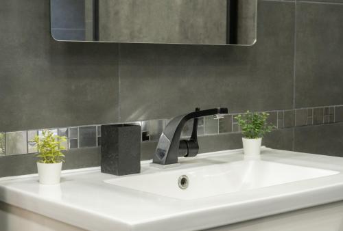 a sink in a bathroom with two potted plants at Nouveau - Le Funtastic - Europa Park Rulantica in Huttenheim