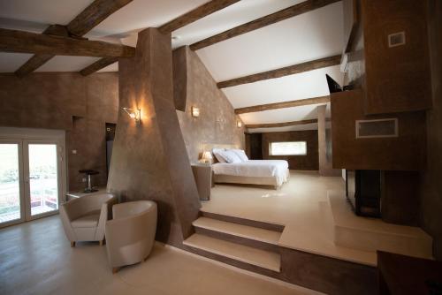 a bedroom with a king sized bed and a fireplace at Résidence hôtelière La ferme du gros noyer in Malaucène