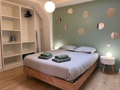 a bedroom with a large bed with green walls and shelves at Le Bubble - Centre Ville - La Bonne Marienne in Angers