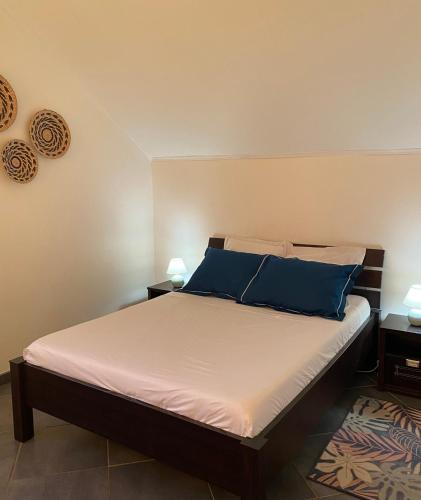 a bedroom with a bed with blue pillows on it at Ferme l'Eau de Coco in Saint-Paul