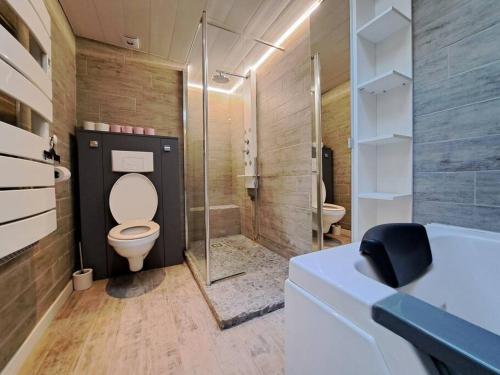 La salle de bains est pourvue de toilettes, d'une douche et d'un lavabo. dans l'établissement Santorin, duplex chaleureux, à Reims