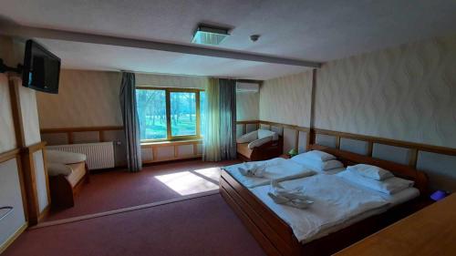ソルノクにあるAtryum Hotel és Panzióのベッドとテレビが備わるホテルルームです。