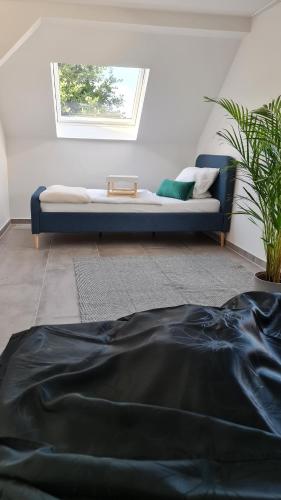 ein Sofa im Wohnzimmer mit Fenster in der Unterkunft Deluxe Loftapartement Big Size in Duisburg