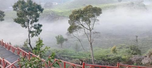 een uitzicht op een mistige vallei met bomen en een rode leuning bij Gunung bangku ciwidey rancabali camp in Ciwidey