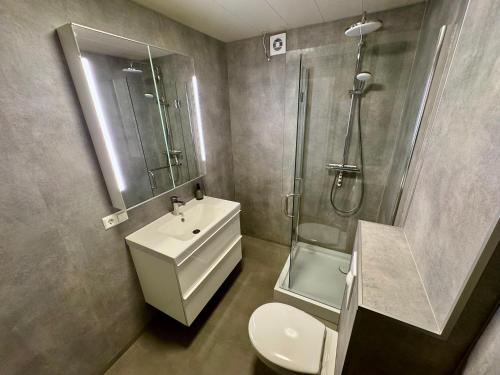 阿克雷里的住宿－Akureyri Backpackers, Hafnarstraeti 100 - Apartment for 4，一间带水槽、淋浴和卫生间的浴室