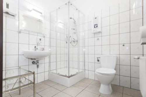 uma casa de banho com um chuveiro, um WC e um lavatório. em W Starym Młynie em Milicz