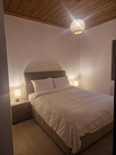 1 dormitorio con 1 cama blanca y 2 lámparas en MELATO HOUSES en Valtessiniko 
