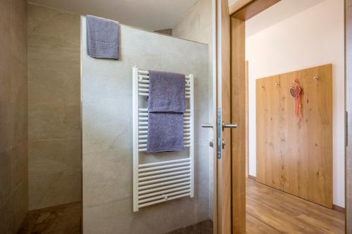 bagno con doccia e asciugamani blu appesi a una parete di Apart Andreas a Ried im Zillertal