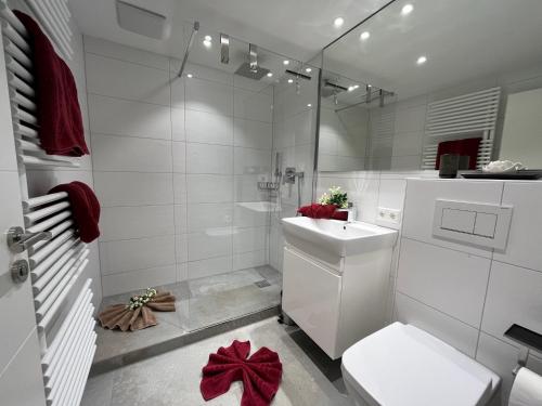 a white bathroom with a toilet and a sink at Alpenflair Ferienwohnungen Whg 236 in Oberstdorf