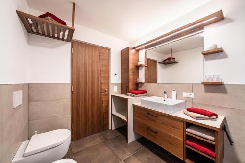 a bathroom with a white toilet and a sink at Apartment Klara in Meltina