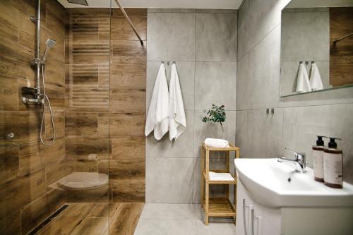 La salle de bains est pourvue d'un lavabo, de toilettes et d'une douche. dans l'établissement Apartamenty Laguna Beskidów - A85, à Zarzecze