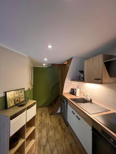 uma cozinha com um lavatório e uma bancada em Ferienhaus Layla em Leipe